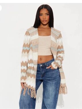 Fashion Nova Beige Cream & Light Blue Zigzag Fringe Cardigan